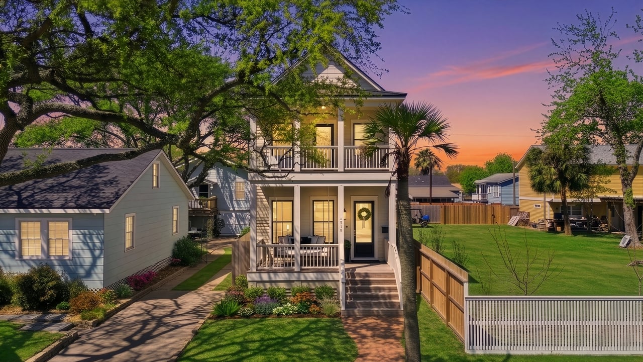 Two-story home with covered porches and a fenced lawn beneath a colorful sunset sky.