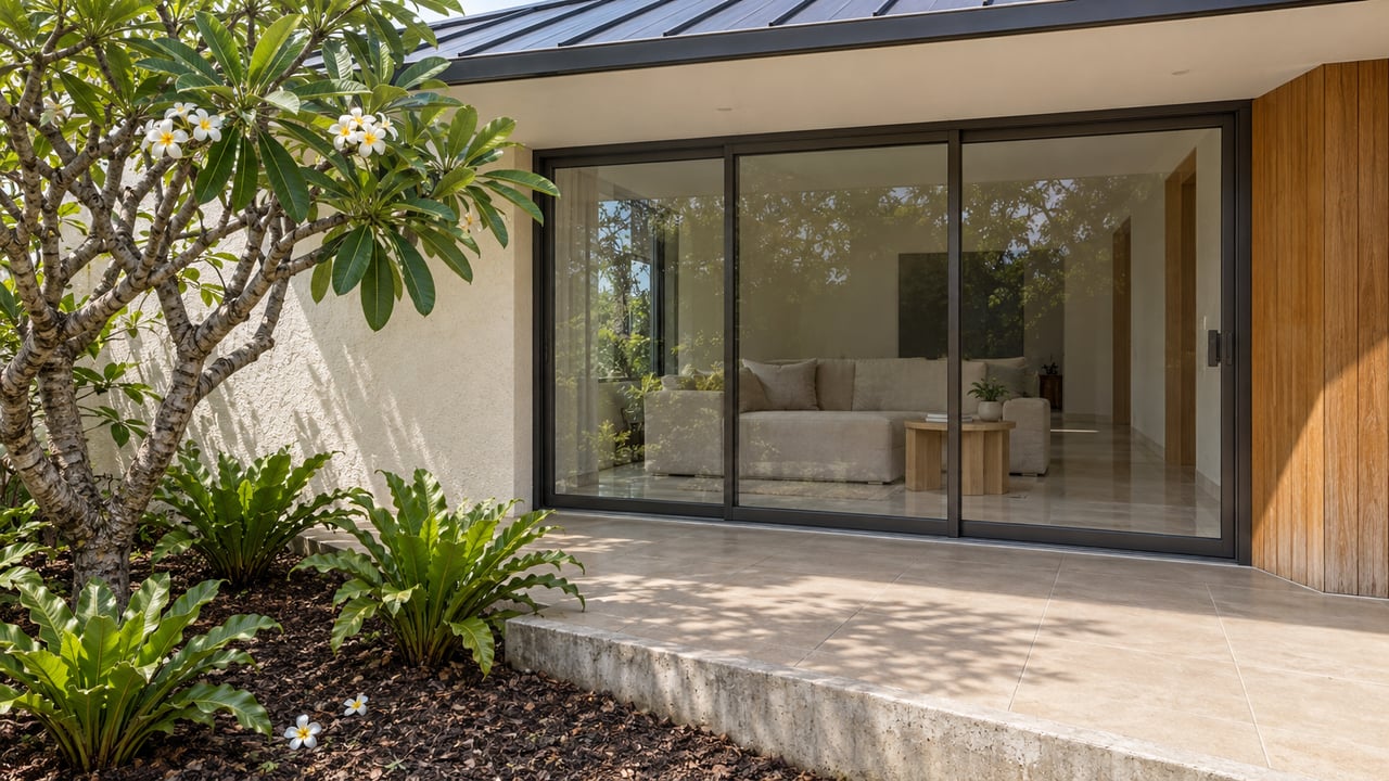 Covered tiled terrace of a renovated home with bronze-framed sliding glass, wood siding and a flowering plumeria beside a raised concrete garden edge.