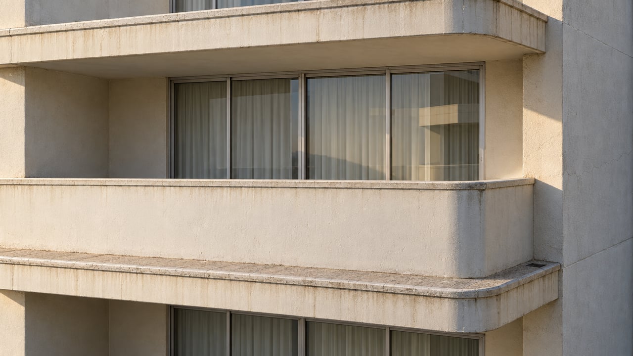 Close view of an older condominium's ivory concrete balconies, silver aluminum glazing, and sunlit stucco return wall.
