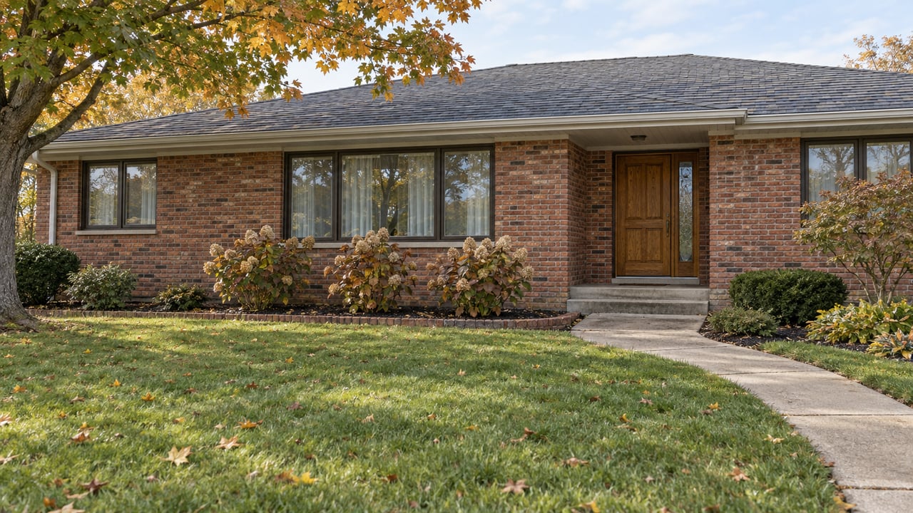 A well-kept brick ranch with a deep autumn lawn, oak entry door, and hydrangeas beneath its front windows.