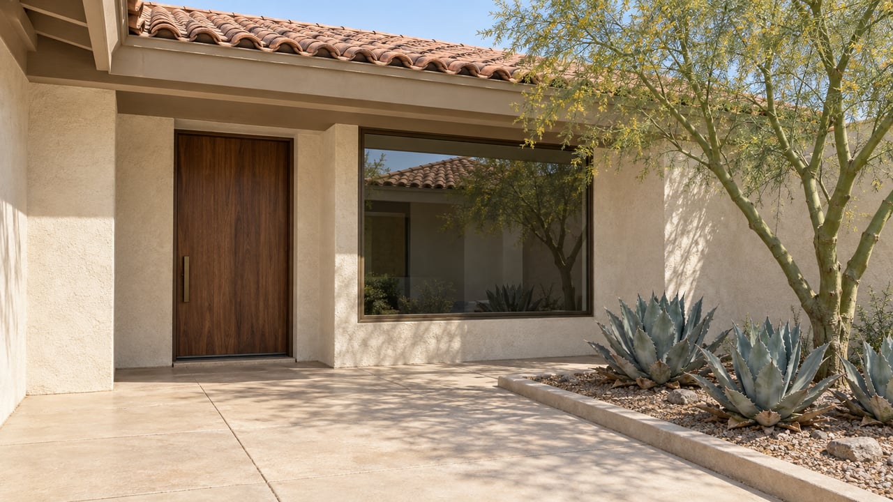 Single-story stucco home with a terracotta roof, shaded walnut entry, bronze-framed window and sculptural desert planting beside a pale concrete terrace.