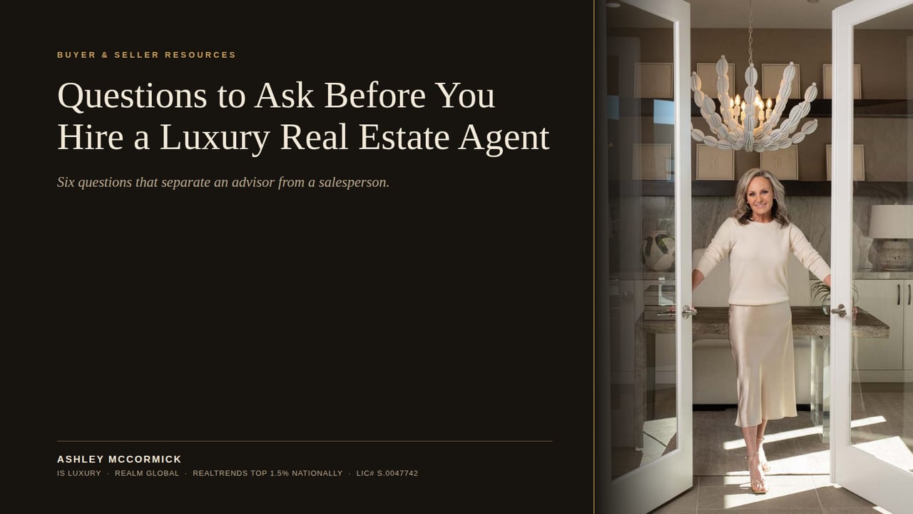 Luxury real estate blog banner about questions to ask before hiring an agent, featuring Ashley McCormick in an elegant interior.