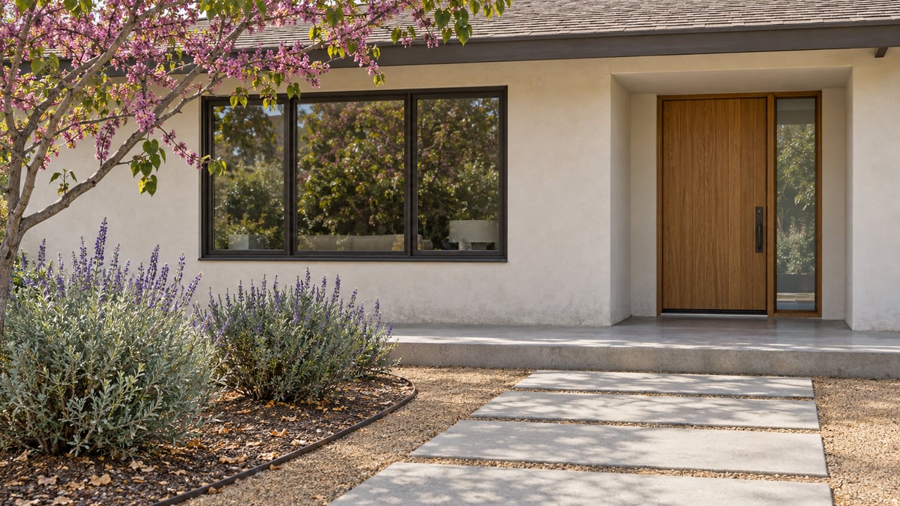 Sunlit stucco home with an oak entry, bronze-framed window and concrete approach beside a carefully planted garden.