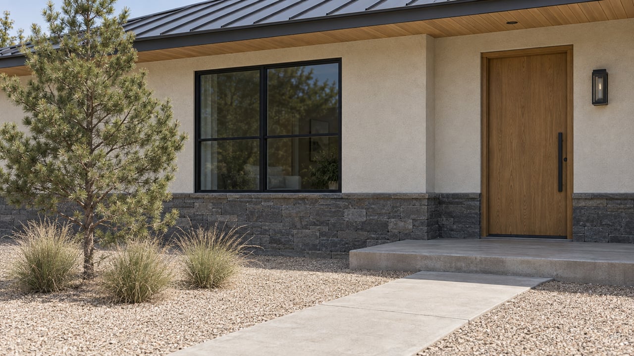 Ivory stucco ranch entry with an oak door, black-paned window, granite approach, and young pinyon pine.