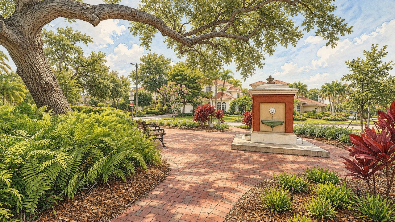 Residential courtyard with a brick plaza, central fountain, benches, and mature trees.