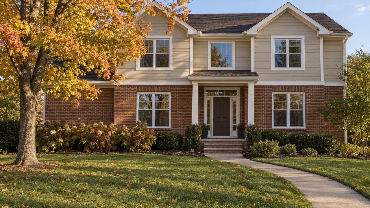Autumn sunlight on a two-story brick-and-siding home, with a broad lawn, curved concrete walk, and yellow-orange maple canopy.