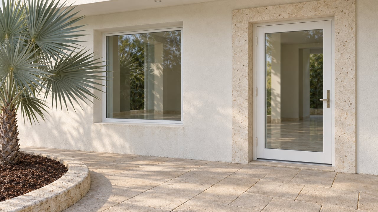 Close view of a sheltered stucco home entrance with a white-framed glass door, limestone trim, pale paving and a silver palm.