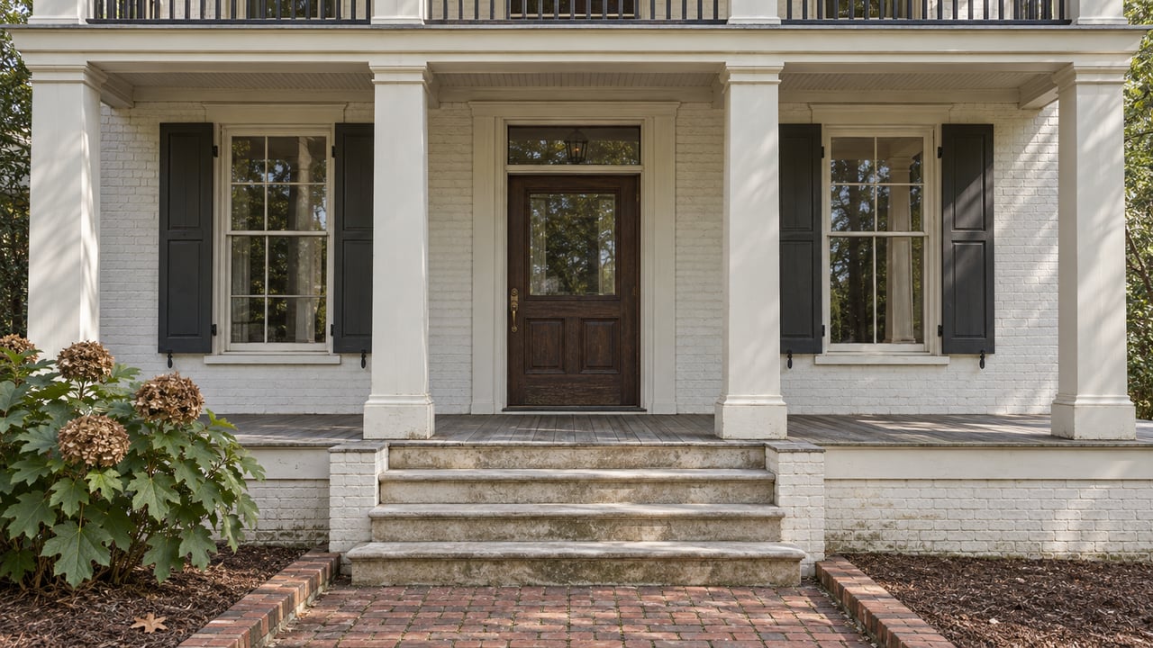 Warm-white brick home with a raised columned porch, charcoal shutters, worn limestone steps and an oakleaf hydrangea beside a brick approach.