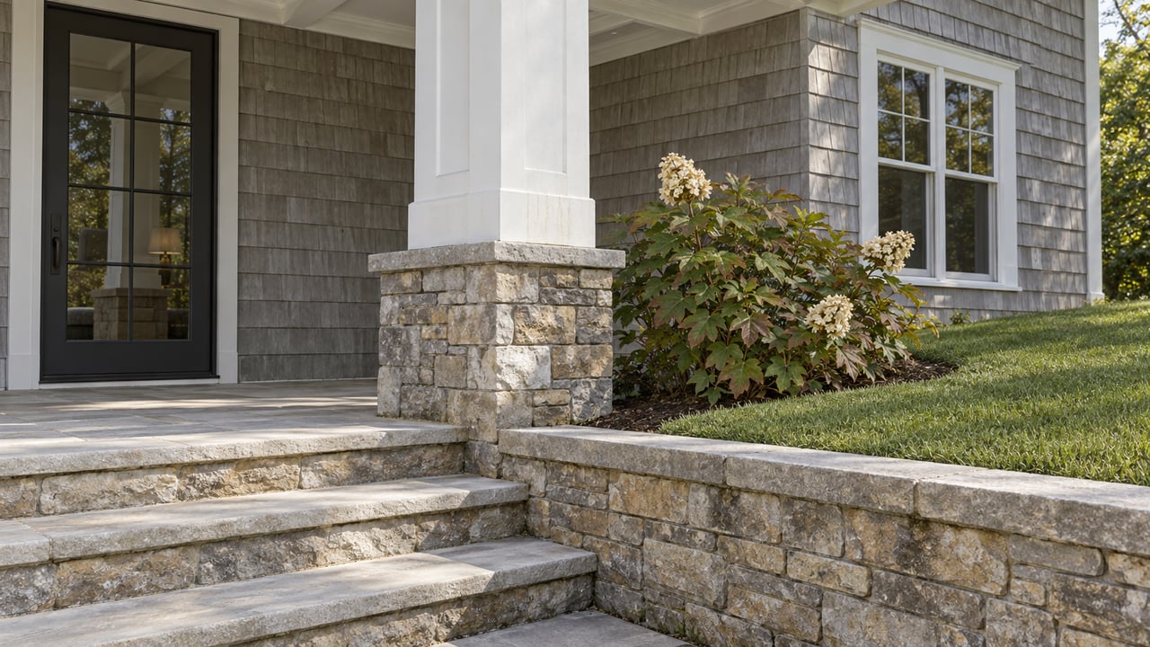 Gray shingle home with a white porch column, limestone steps, and a stone retaining wall beside a sloping lawn and oakleaf hydrangea.