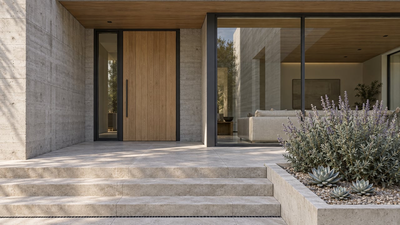 Concrete and warm-wood residential entrance with limestone steps, charcoal-framed living-room glass, and silver-leaved planting.