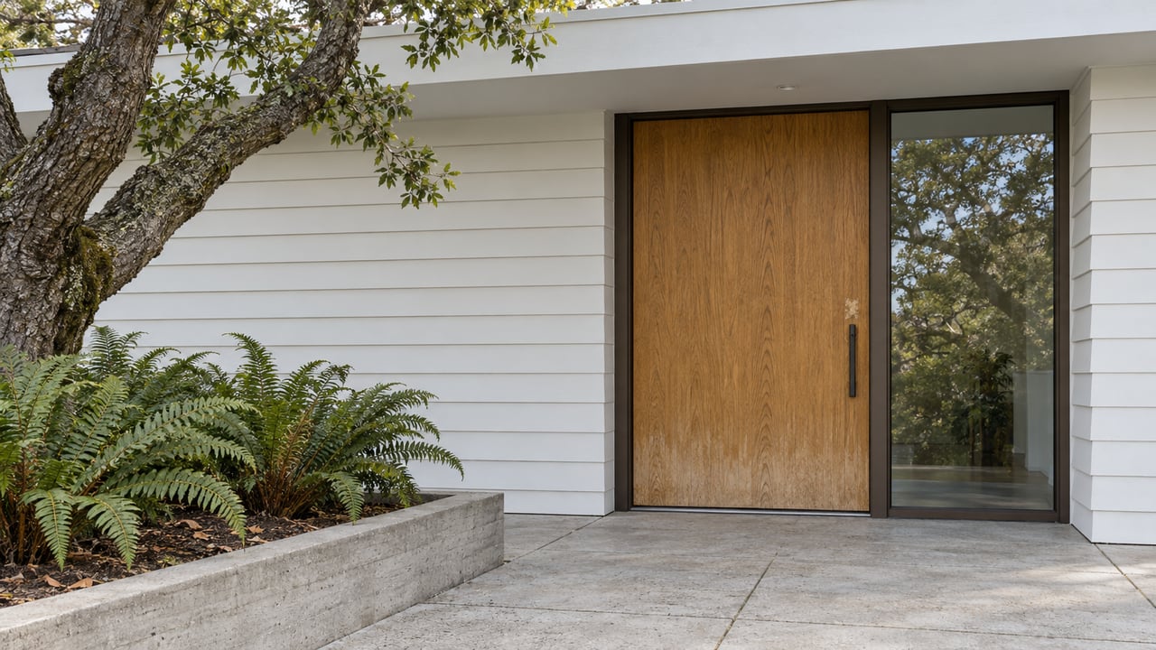 Sheltered oak entry door and glazed sidelight beneath a broad white roof, with weathered concrete paving, a mature oak trunk and sword ferns in a raised bed.