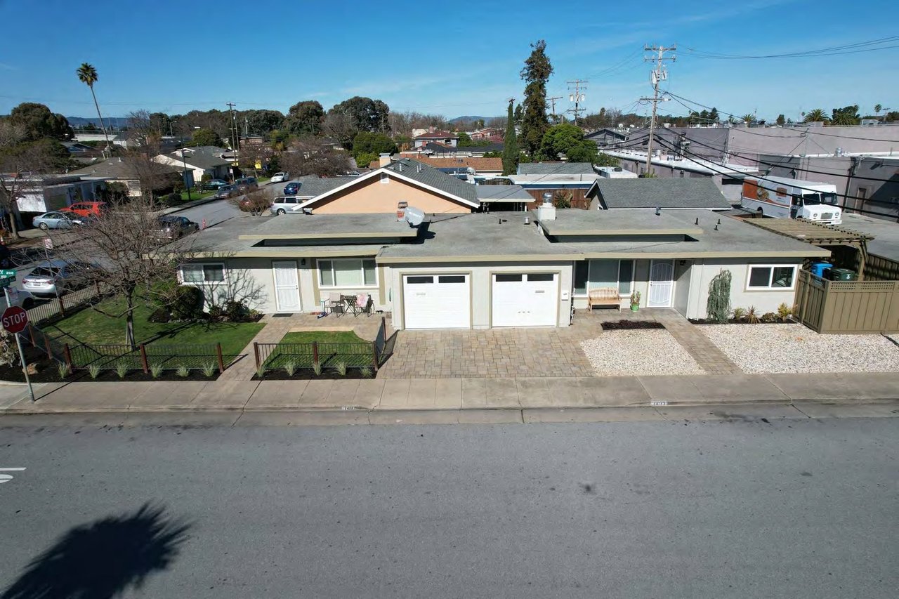 Aerial view of the duplex at 1401 and 1403 Cary Avenue, San Mateo