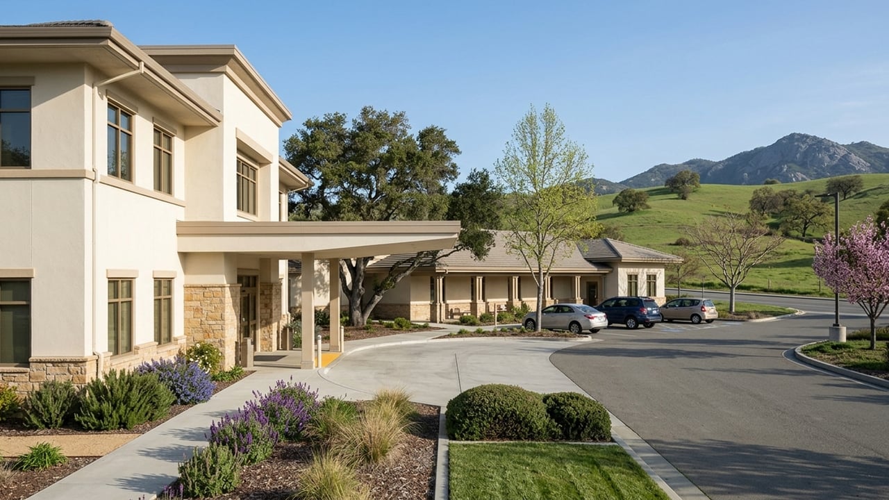 Low-rise stucco building with a covered entrance, landscaped drive, and mountain backdrop.