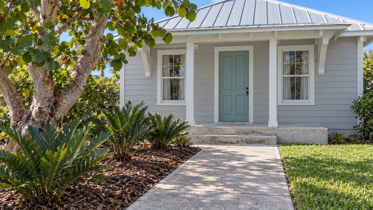 Sunlit gray cottage with a silver metal roof, turquoise front door and a concrete garden walk beneath a mature sea grape tree.