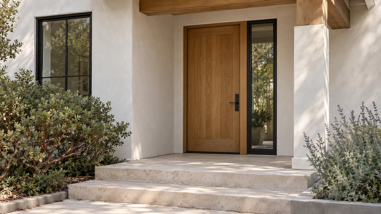 Recessed oak entry with a narrow glass sidelight, limestone steps, and shrubs beside an off-white stucco wall.