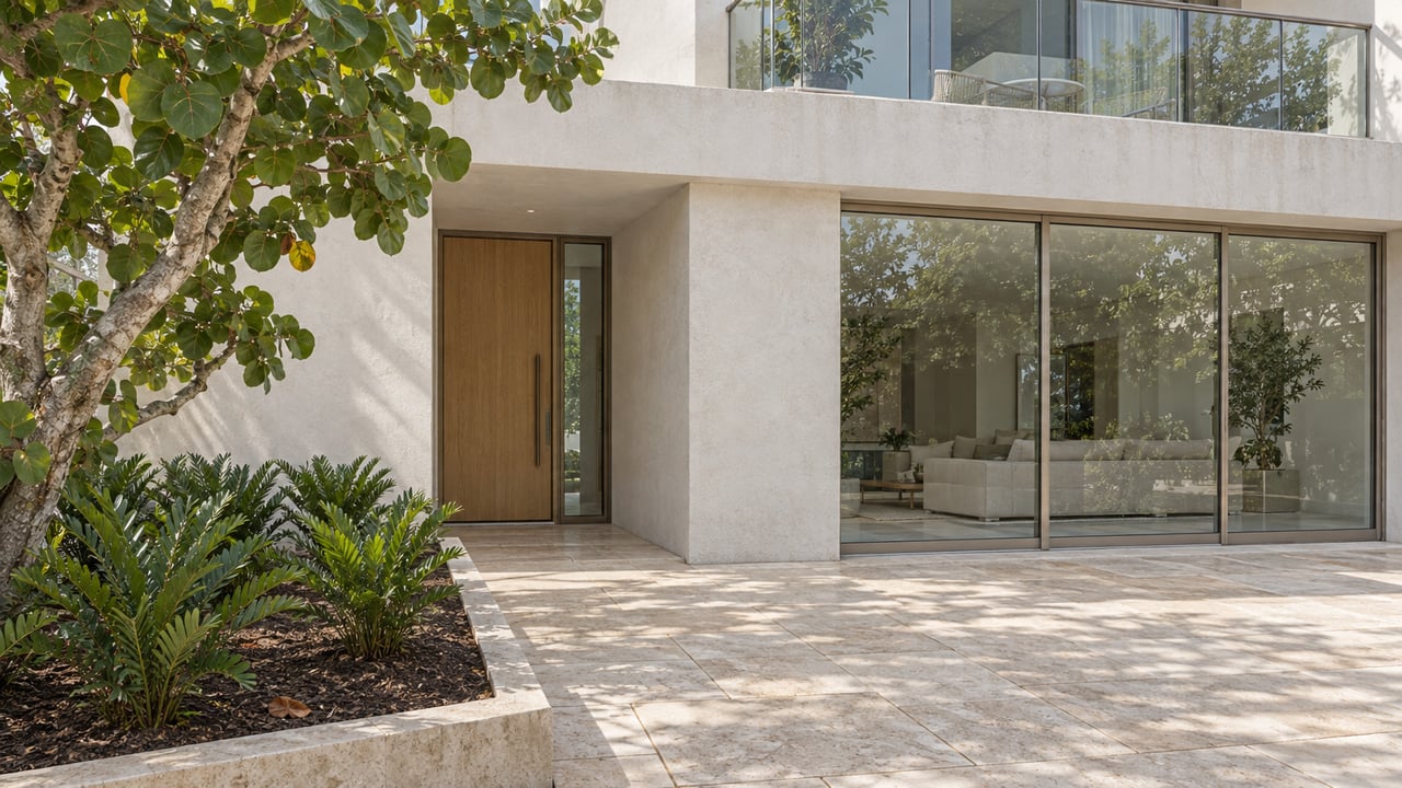 Sunlit white-stucco residence with a limestone entry court, oak front door, glass balcony and sculptural sea-grape tree.