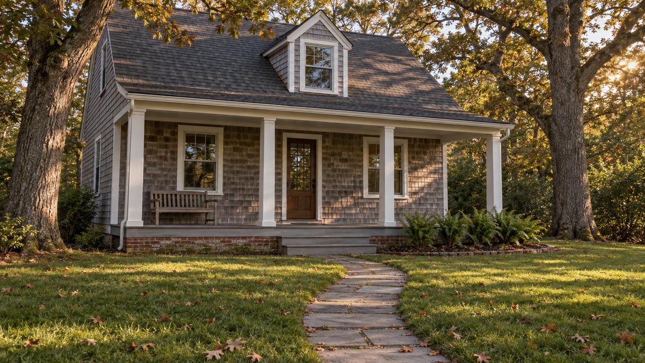 Weathered cedar cottage with white porch trim, a stone approach across a deep lawn, and mature white oaks in autumn light.