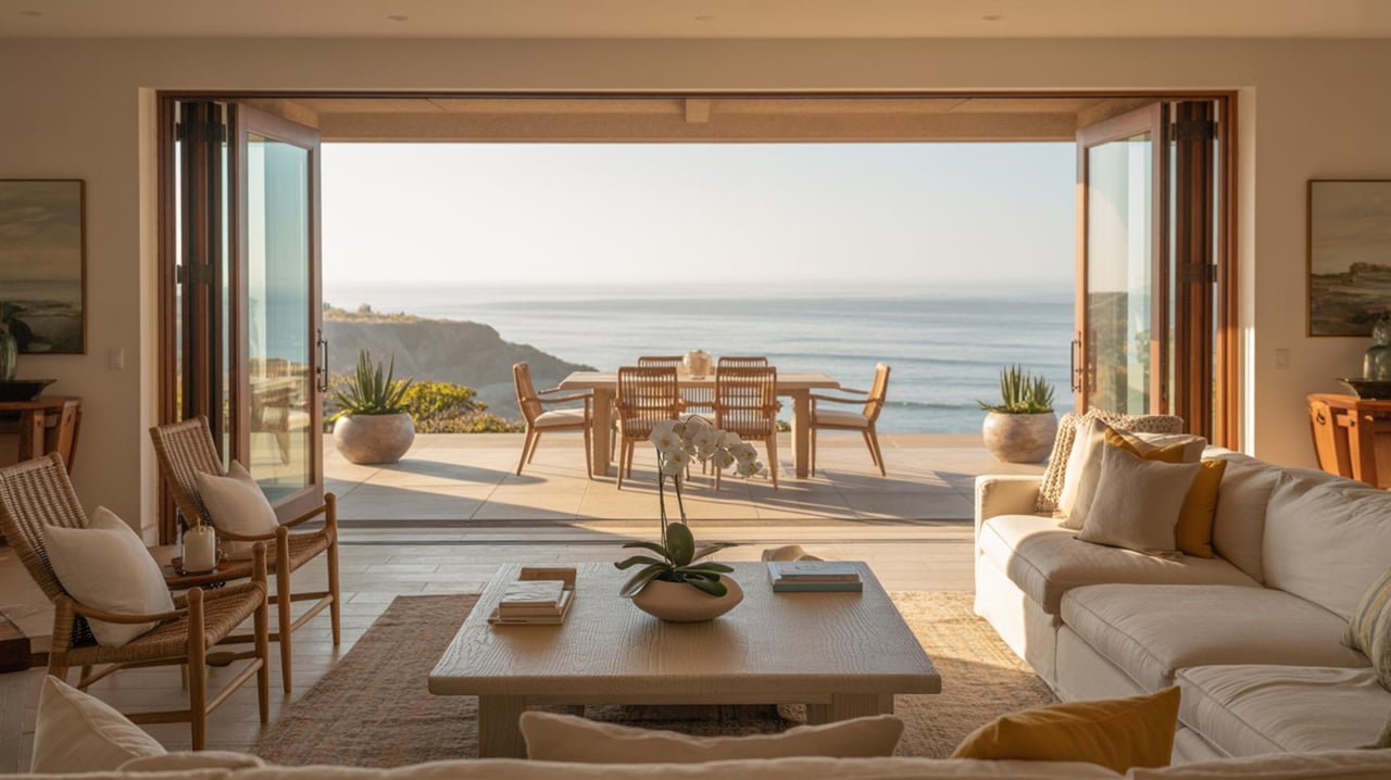 Open glass doors frame a seaside patio with a dining table, overlooking the ocean from a living room.