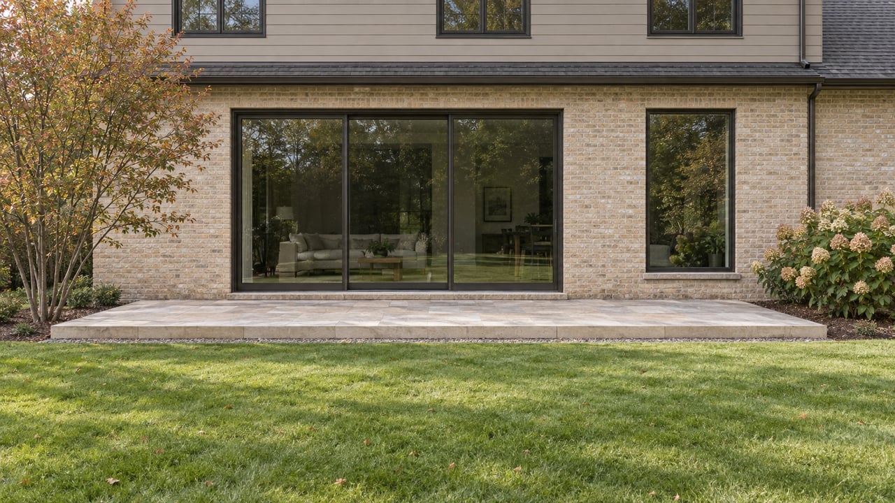 Two-story pale brick house with a limestone terrace, broad glass doors, lawn, and hydrangeas.
