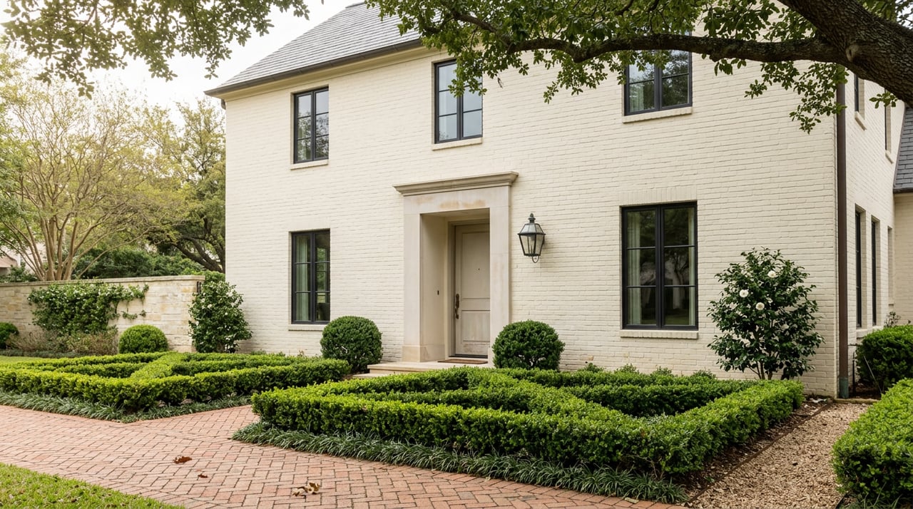 Formal boxwood parterre and herringbone brick walk lead to an ivory two-story home beneath a spreading oak canopy.