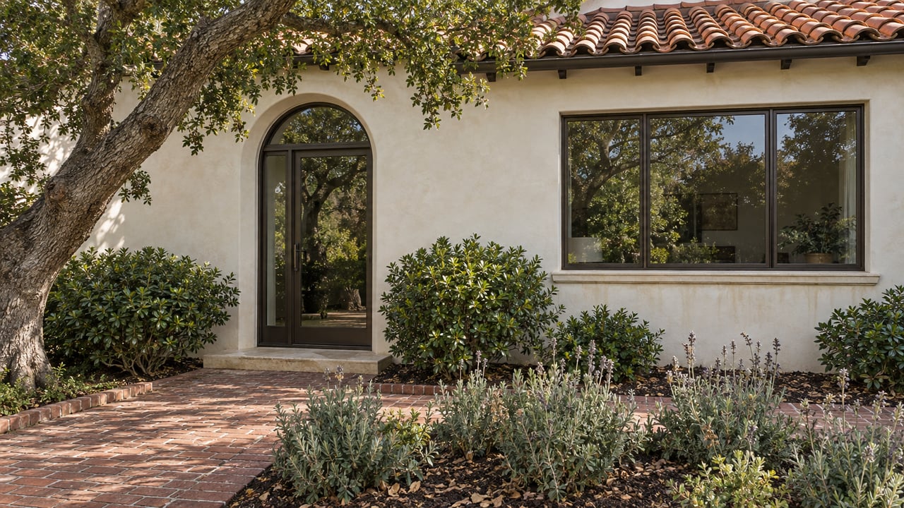 An oak shades a brick garden walk beside an ivory stucco home with an arched glass door and bronze-framed window.