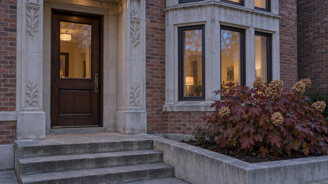 Twilight on a brick townhouse entrance with carved limestone, glowing bay windows, and autumn oakleaf hydrangea.
