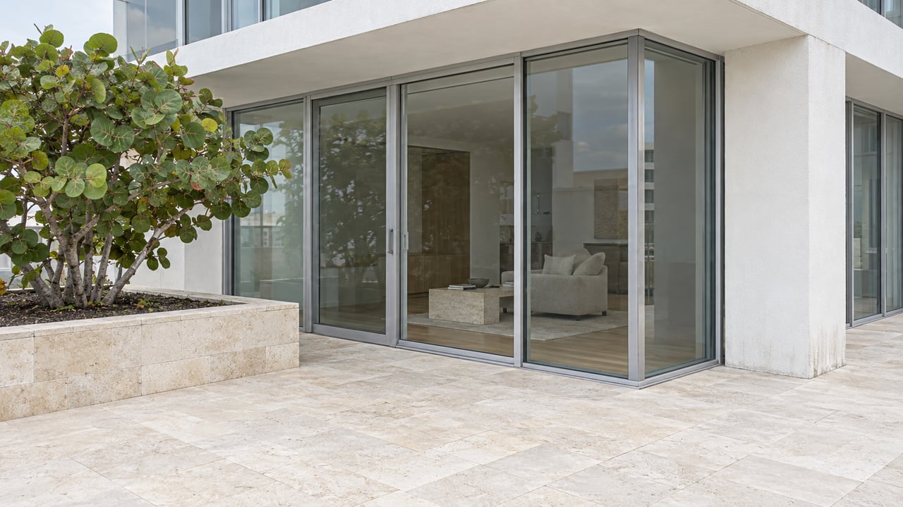 A pale limestone residential terrace beside floor-to-ceiling glazing, a white stucco pier and one sea grape tree in a raised stone bed.