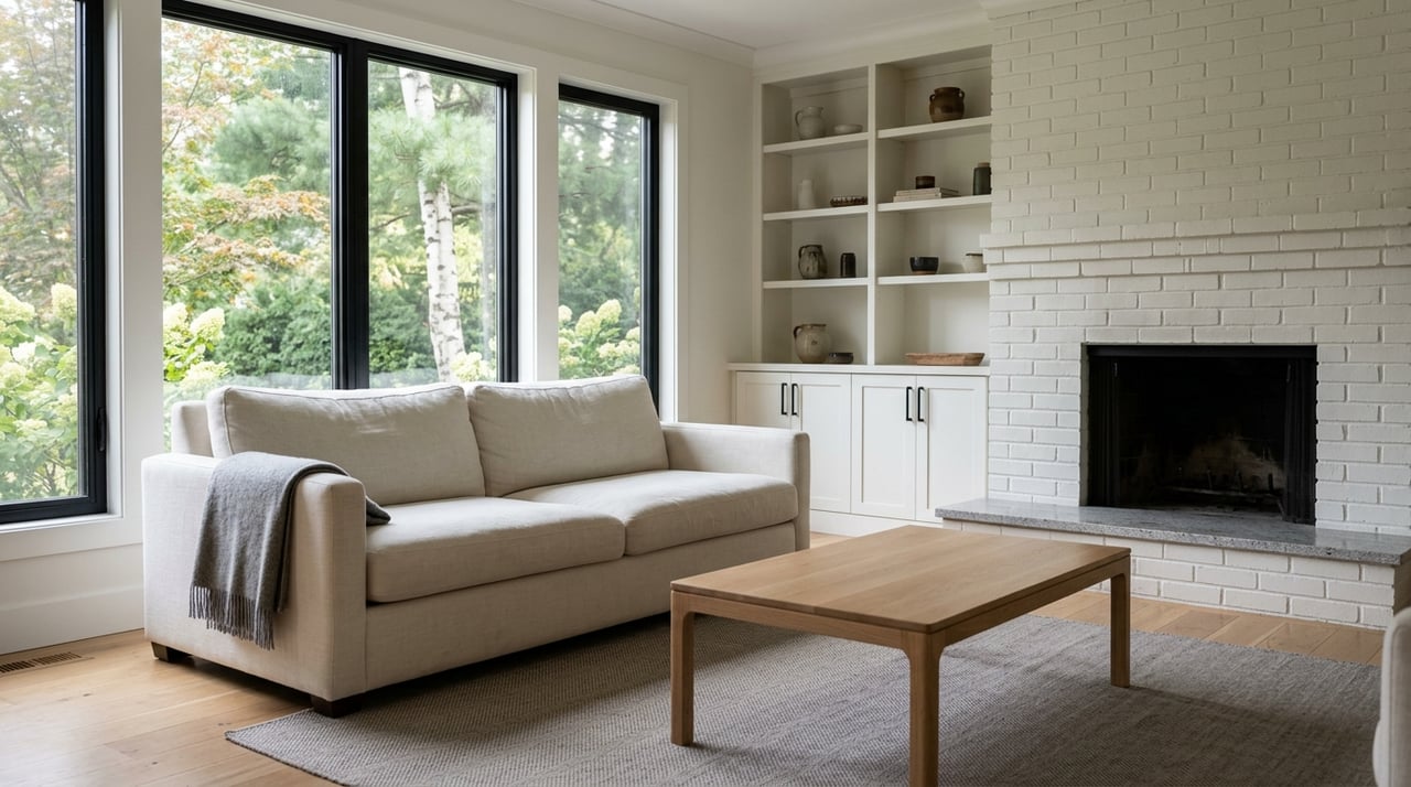 Living room corner with a painted-brick fireplace, built-in shelves, and windows.