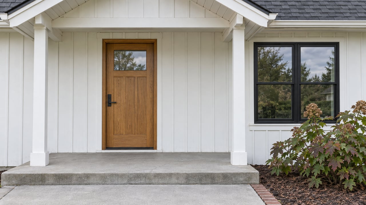 Covered home entry with white board-and-batten siding, an oak door, black-framed window and bronzing oakleaf hydrangea beside a concrete walk.