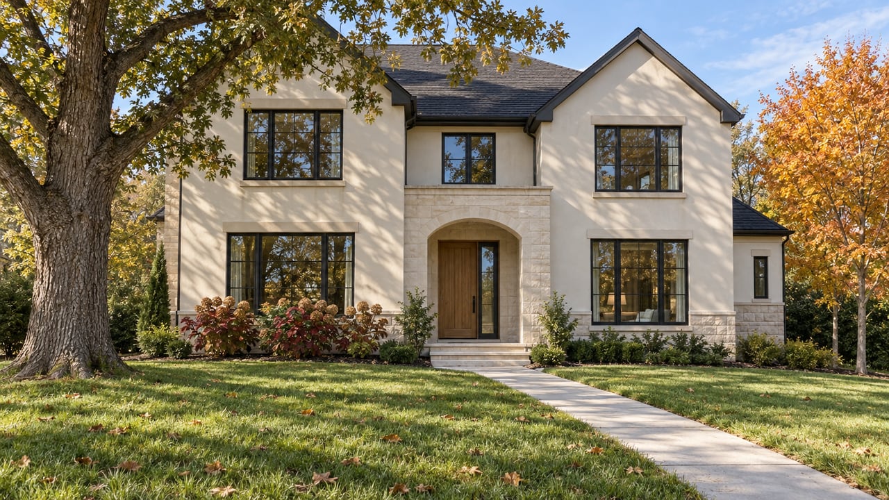 Cream two-story home with an arched oak entry, a deep green lawn, and orange autumn foliage in morning light.