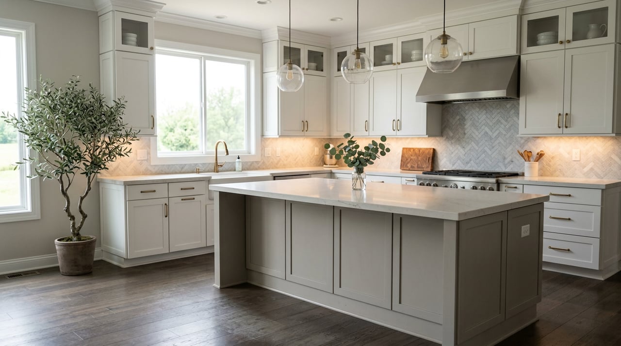 White shaker kitchen with a broad island, brass fixtures, glass-front cabinets, and an olive tree beside the window.