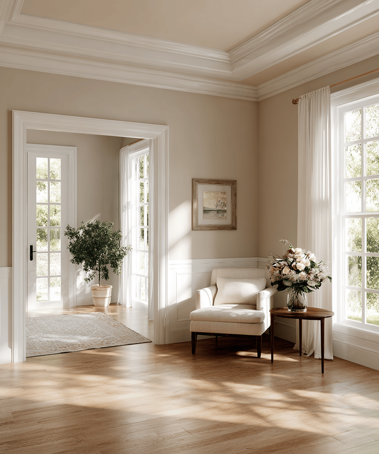 Sitting room with tall windows, a cream armchair, flowers, and detailed crown molding.