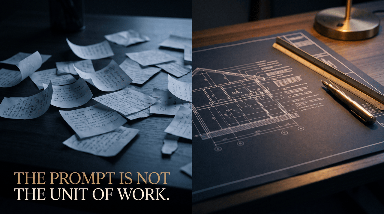 Scattered handwritten notes on the left contrast with a single precise architectural specification drawing on the right, illustrating the difference between one-off AI prompts and reusable instruction sets for real estate agents.