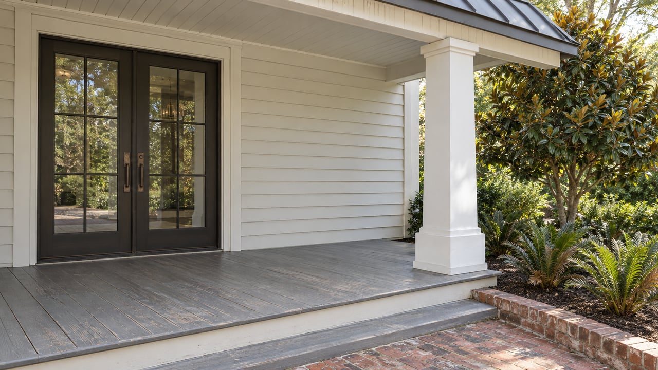 Shaded white-sided home entrance with bronze-framed glass doors, gray timber porch flooring, a square column and a brick-edged planting bed.