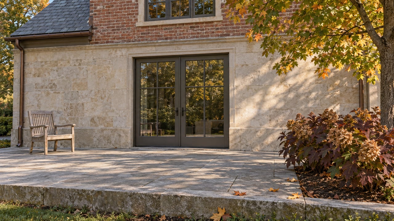 Autumn morning light on a limestone terrace beside a brick home, with a weathered teak chair and maple foliage.