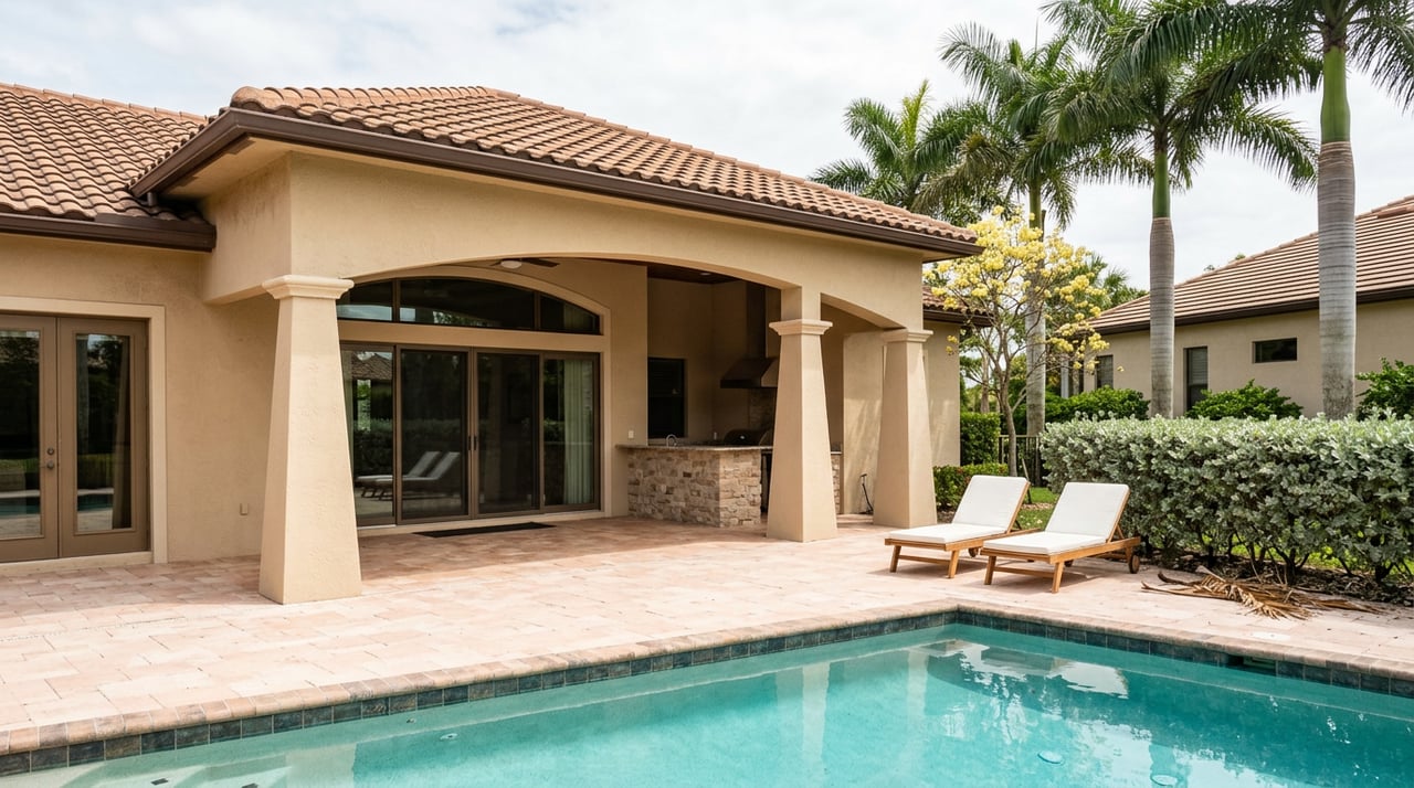Turquoise pool and coral-stone terrace face a stucco lanai, royal palms, and yellow-flowering tree.