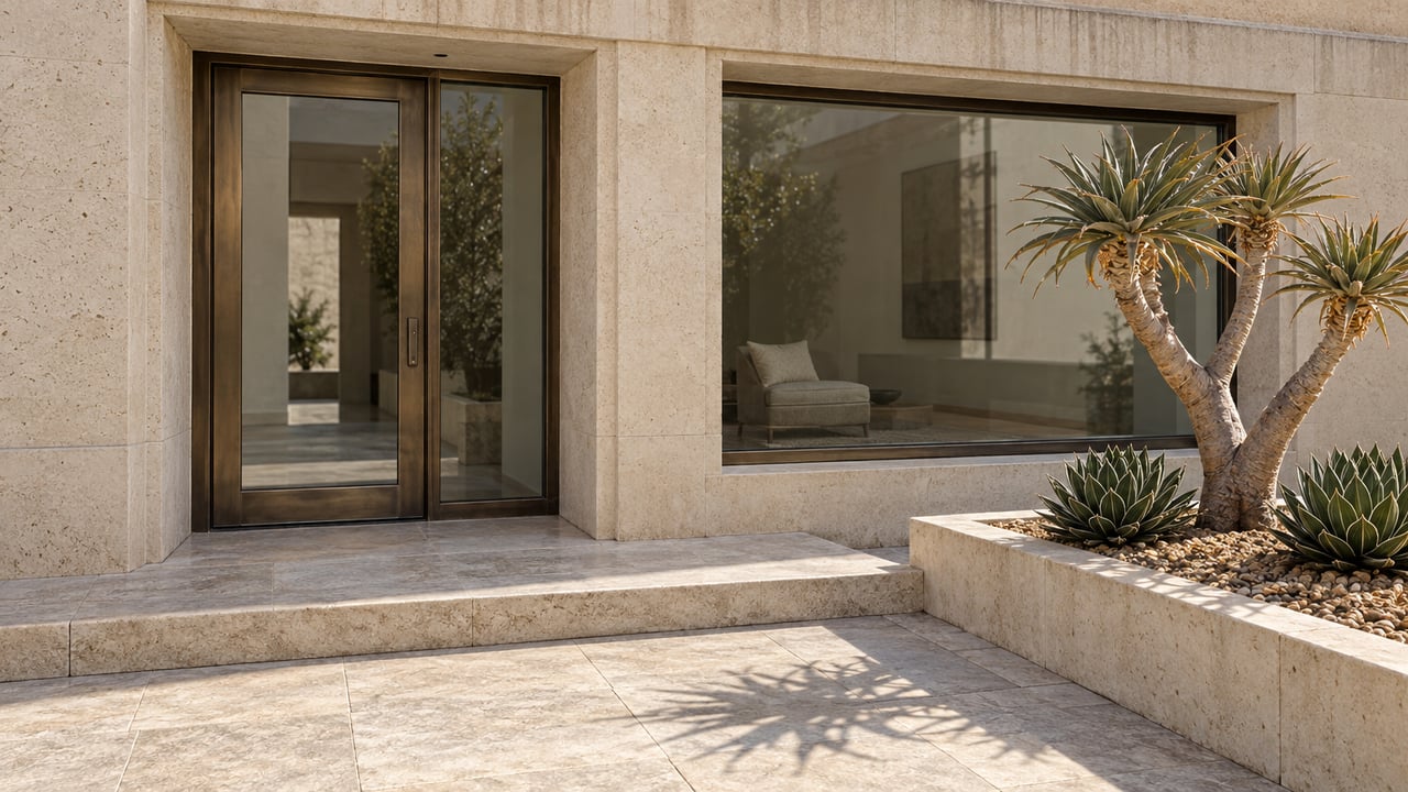 Sunlit limestone entry court of a contemporary attached home, with bronze-framed glass doors and sculptural desert planting.