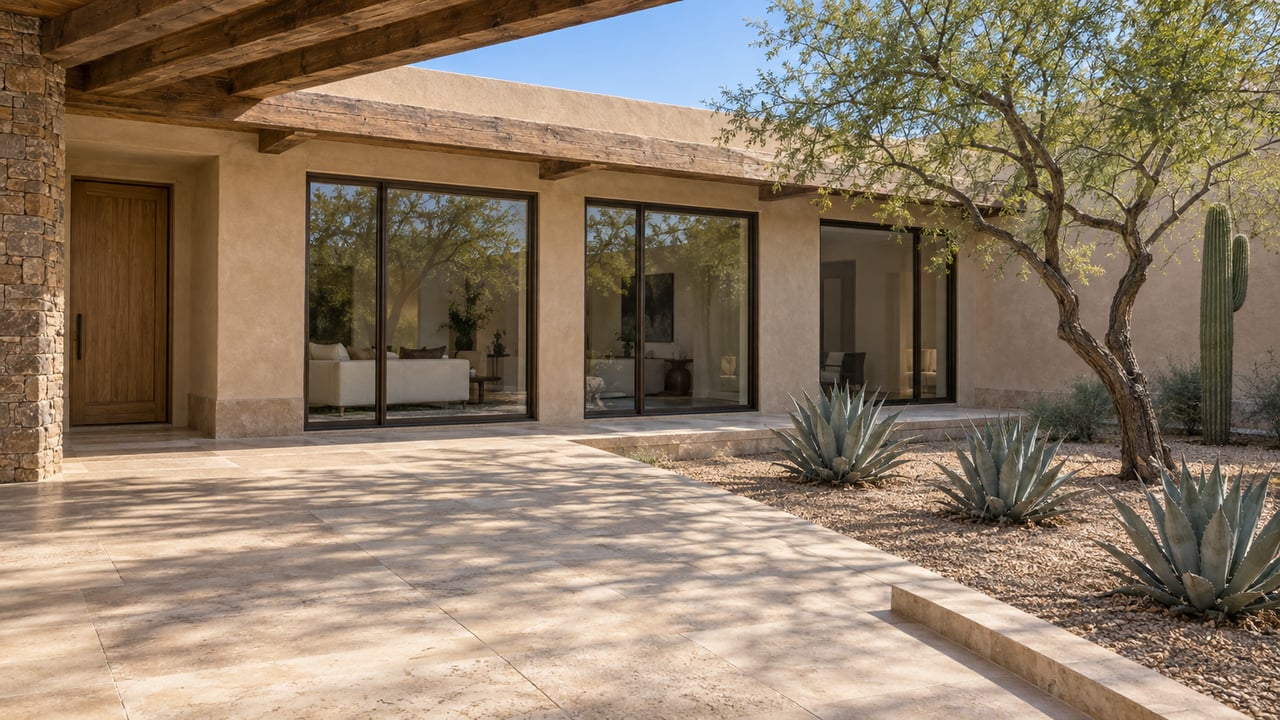 Limestone terrace and mineral courtyard beside a sand-colored stucco home, with bronze-framed glass, timber beams, a palo verde tree, saguaro and agaves.