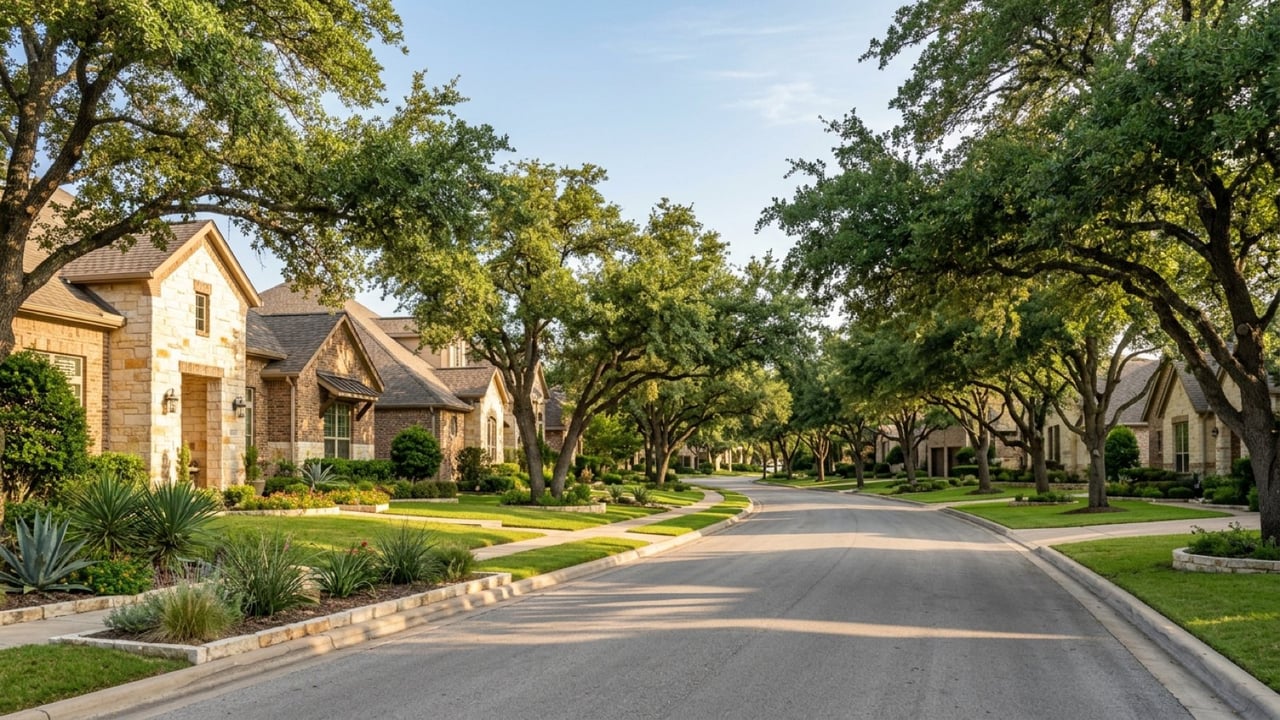 Brick and limestone homes under large live oak trees on a suburban street in Central Texas