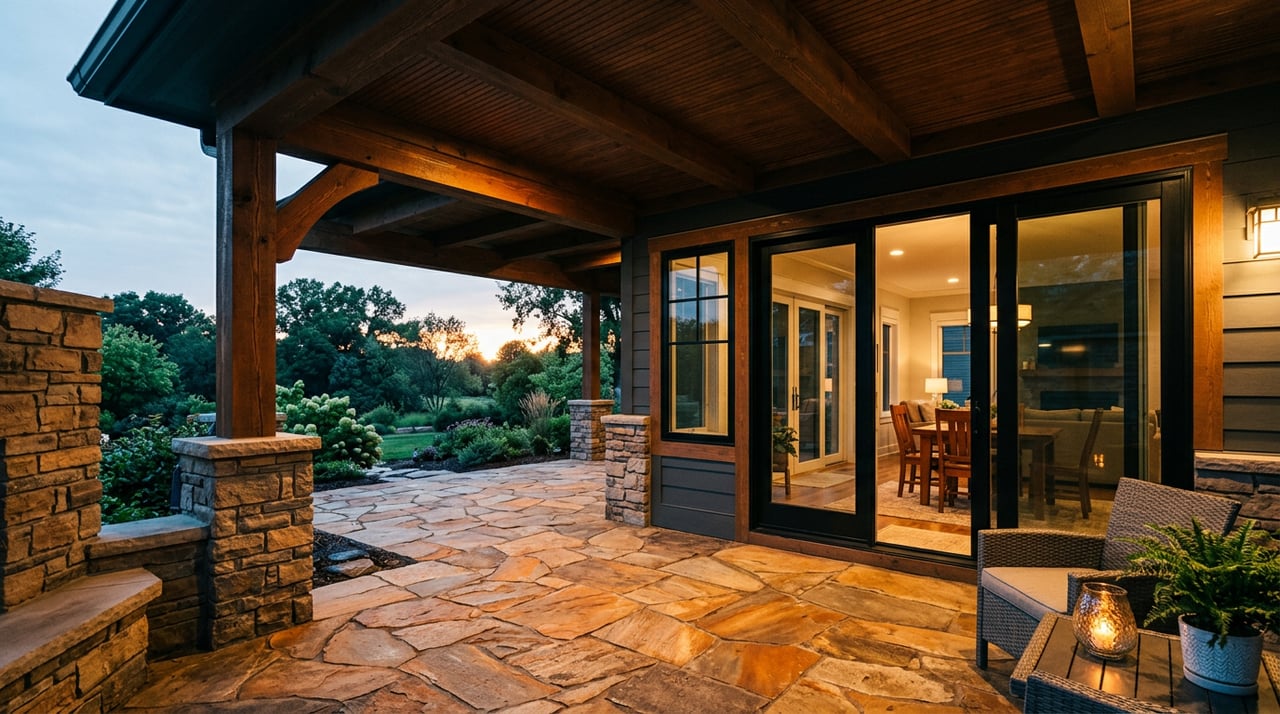 Open patio with bluestone pavers, a stone seat wall, and a boxwood planter overlooking a lawn and hedge.