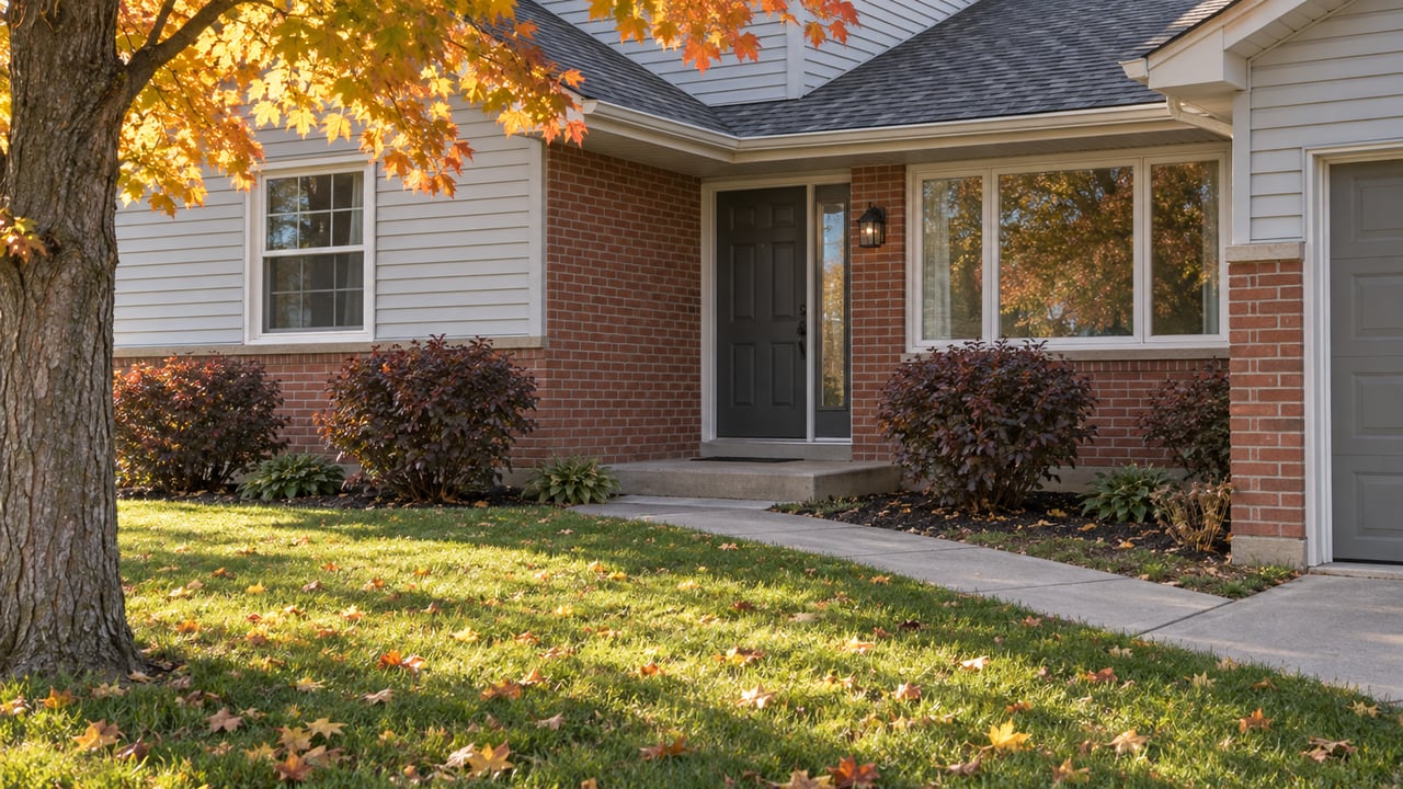 Brick-and-gray split-level home with a charcoal entry, concrete walk, bluegrass lawn, and amber maple leaves.