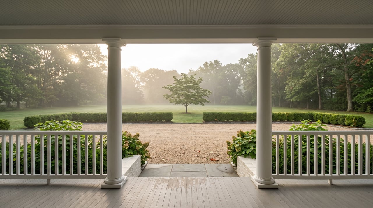 View from a covered porch across a misty lawn to a clipped hedge, gravel drive, and mature tree line.