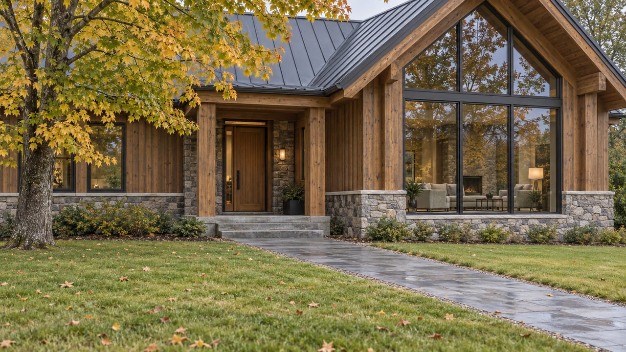 Mountain-contemporary home with honey-brown timber siding, a gray stone base, and a broad lawn crossed by gray pavers.