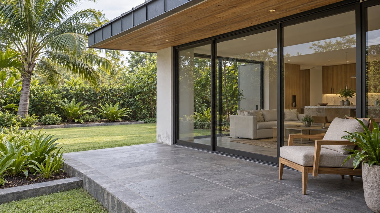 Covered terrace with basalt paving, a teak lounge chair and closed bronze-framed glass doors overlooking a palm and fern garden.