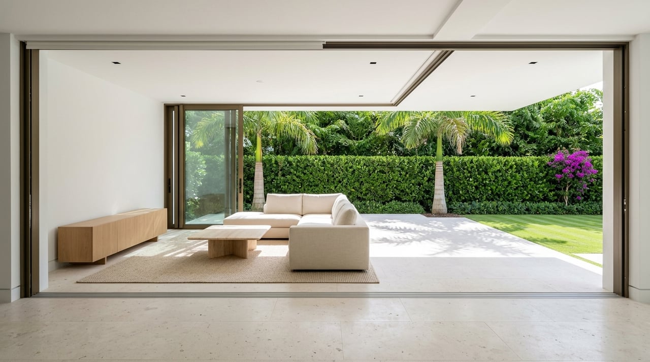 Coastal great room opening through glass doors to a manicured terrace.
