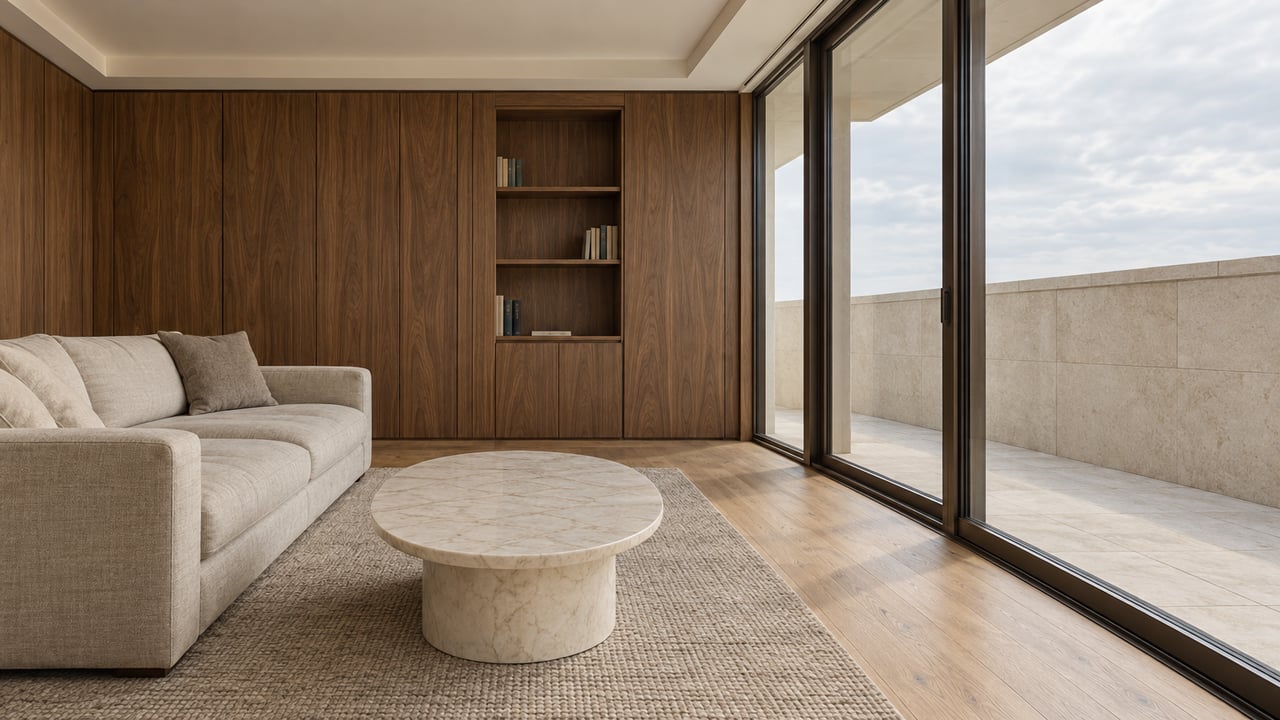 Daylit condominium living room with walnut paneling, oak flooring, a linen sofa and bronze-framed terrace glazing.