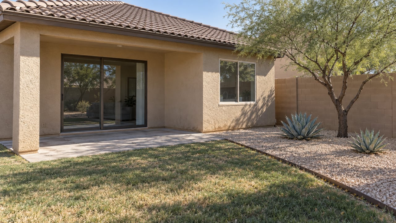 Compact stucco house with a covered glass-door patio, worn turf, and a mesquite shading two agaves.
