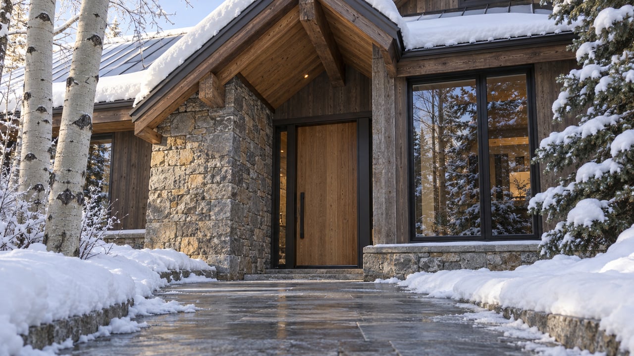 Snow rests on a steep gabled roof above a sheltered timber entry, stone walls and a cleared stone approach framed by white-barked trunks and a snow-laden evergreen.
