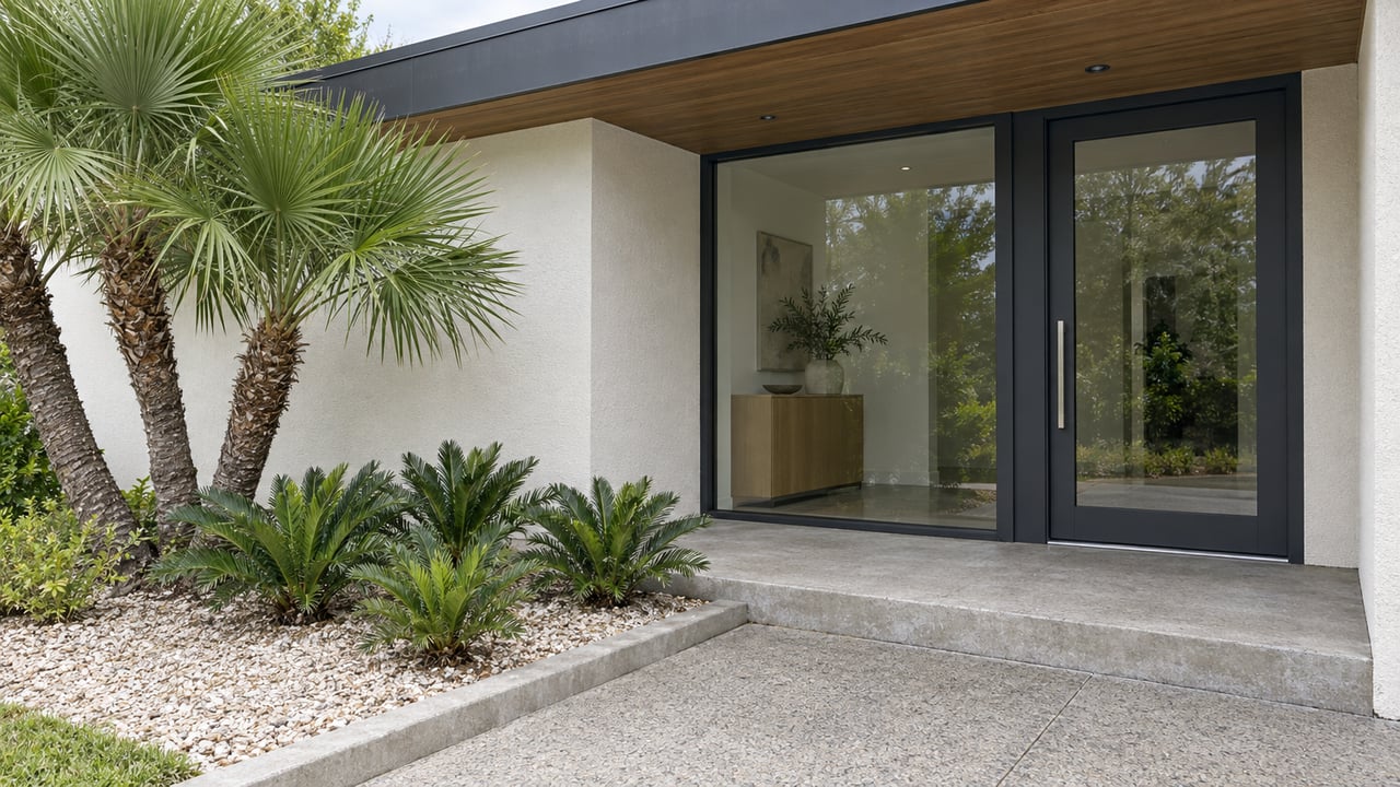 Contemporary home entrance with white stucco, charcoal-framed glazing, a timber soffit and sculptural fan palms beside a concrete approach.