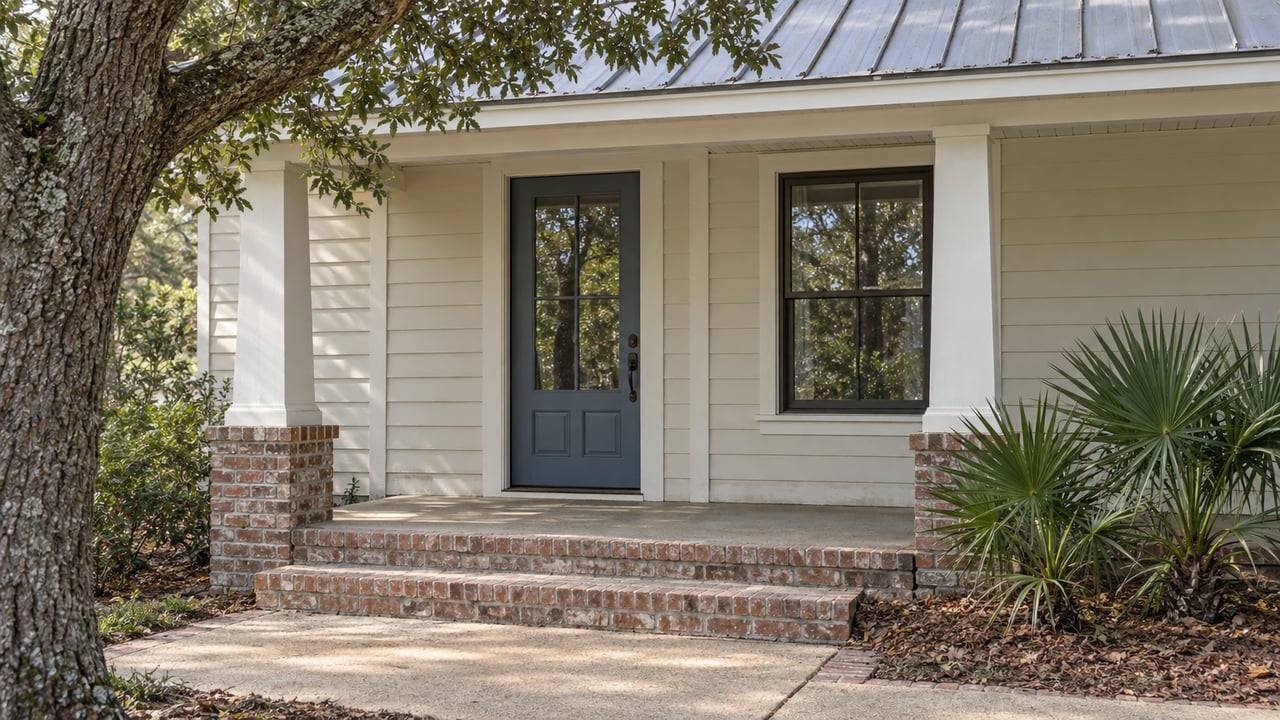Close view of a cream-sided bungalow entrance with brick steps, square porch columns, a live oak and dwarf palmettos.